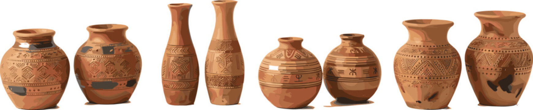 Set of ancient traditional clay pottery vases and ceramic pots isolated on white background.