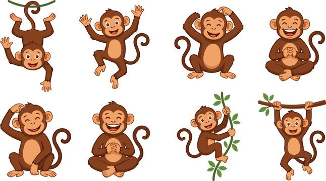Cute cartoon monkey characters collection set with different poses isolated on white background.