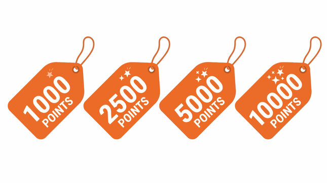 A collection of four orange gift tags displaying various point values for a loyalty program or reward system, such as 1000, 2500, 5000, and 10000 points