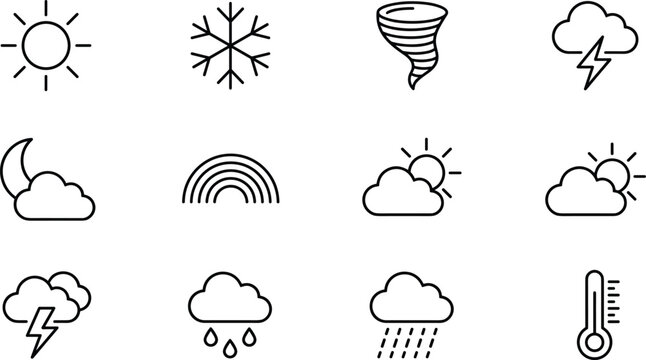 Weather forecast meteorology line icon set featuring snowflake tornado rainbow sun clouds lightning rain thermometer web vector design
