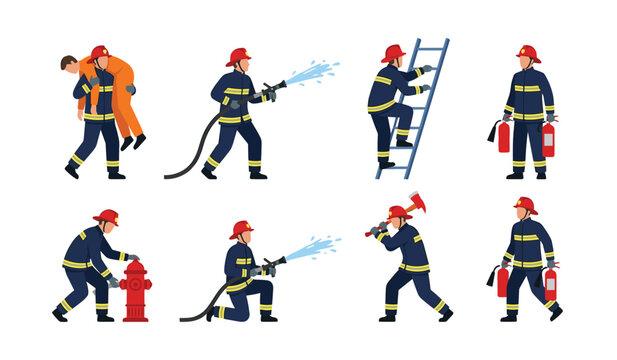 Firefighter character and emergency rescue flat vector illustration set. Brave firemen in uniform spraying water, climbing ladder, carrying victim, holding axe and extinguishers.