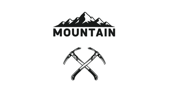 Minimalist mountain climbing logo featuring a mountain peak silhouette and two crossed ice axes with the text mountain.