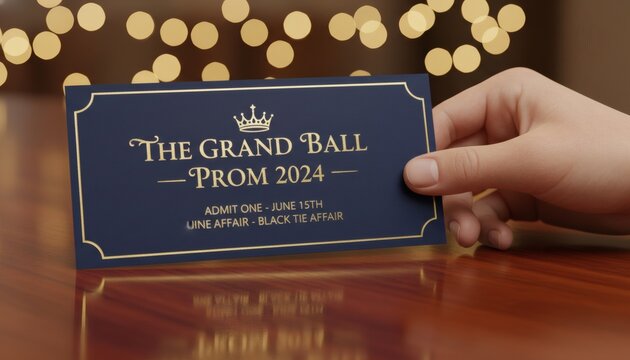 Close-up of a hand holding a prom ticket on a wooden table with warm bokeh lights, representing an invitation concept for a high school graduation dance