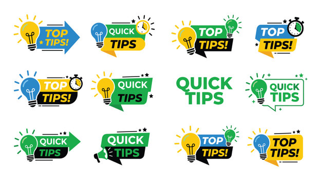 Quick tips and top tips banner vector badge set. Colorful promotional labels with glowing light bulbs, clocks, arrows, stars and megaphone for helpful advice or tricks.