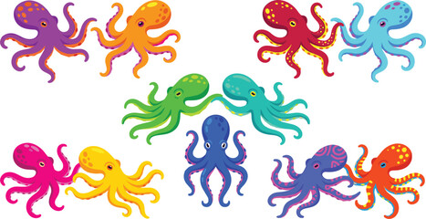 Set of colorful cartoon octopus characters and sea life illustrations isolated on white background. © EdGe Creative
