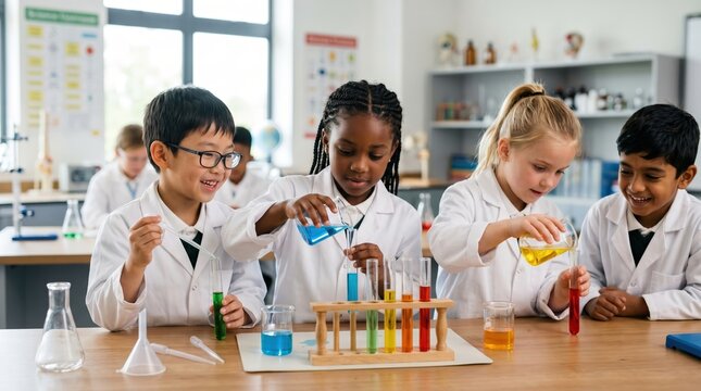 Young students in lab coats conducting science experiments in a classroom