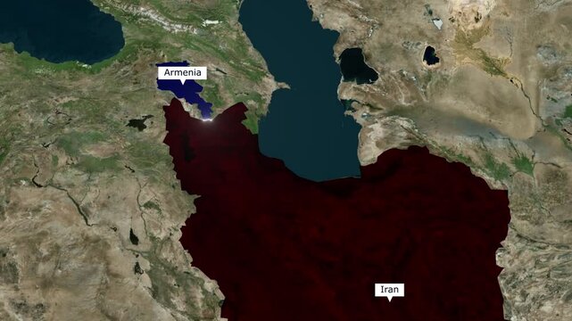 Satellite map animation of the strategic border between Armenia and Iran highlighting the Caucasus region for geopolitical news