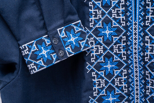 Ukrainian Vyshyvanka Men Embroidered Shirt Blue Geometric Ornaments Traditional National Folk shirt sleeve with embroidery, cuff with button