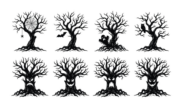 Spooky Halloween tree black silhouette vector icon set. Scary dead trees with creepy faces, roots, spider web, bat, ghost and owl elements.