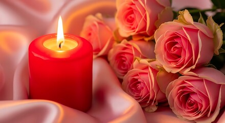 Romantic candle flame and roses on silky fabric with perfect for love and celebration.