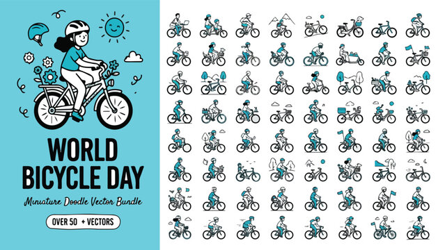 World Bicycle Day miniature doodle vector bundle, over 50 bicycle icons and cycling characters, teal and white hand drawn bike illustrations