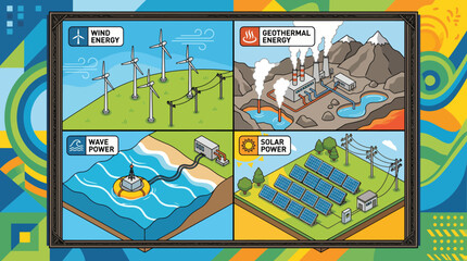Obraz premium Renewable energy sources illustration with wind, geothermal, wave, and solar power generation.