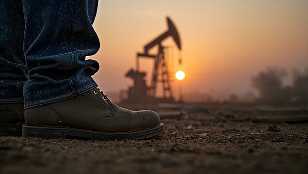 Oil worker leather boot in a field with pumpjack at sunset