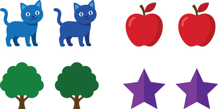 Colorful vector cartoon icon set featuring pairs of blue cats red apples green trees and purple stars isolated on a white background.
