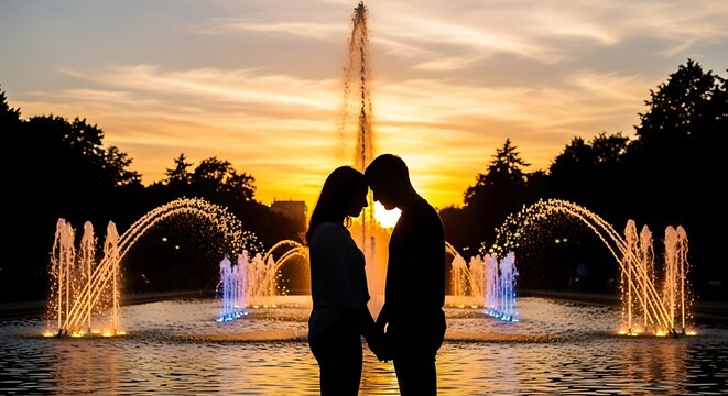 Romantic Couple Silhouette at Sunset by Fountain with Love  Affection Concept.