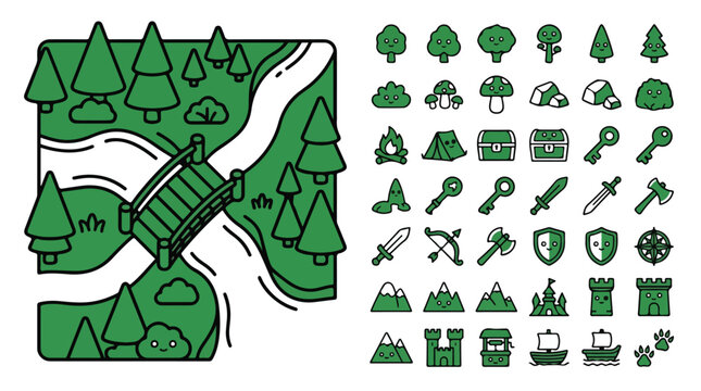 Fantasy RPG map icons and forest landscape vector set, green adventure game assets with bridge and castle elements, 40 medieval quest line icons