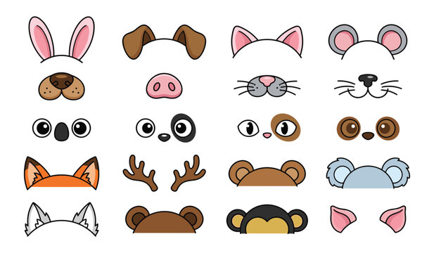 Cute animal ears and nose photo booth prop vector set. Cartoon face elements including rabbit, dog, cat, bear, fox, monkey, panda, koala and pig filters.