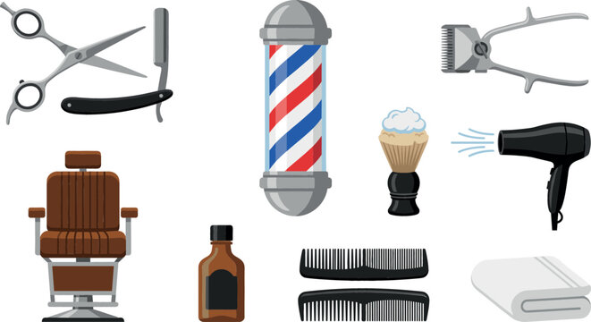 Vintage barber shop equipment vector set with haircut tools including pole chair scissors razor clippers hair dryer brush and comb elements