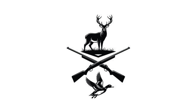 Classic hunting club emblem featuring a deer head, two crossed rifles, and a mallard duck in a black and white style.