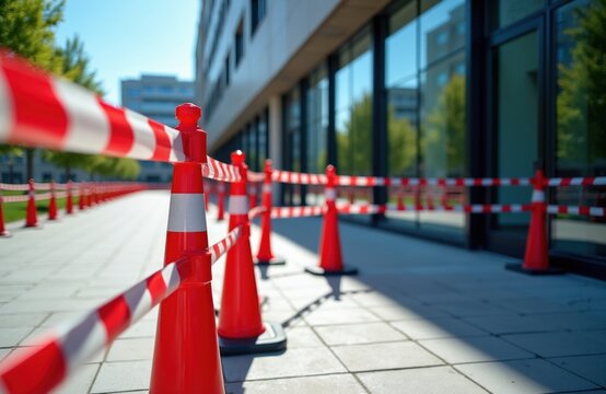 Red and white tape blocks access to a modern building sidewalk. Safety cones line the path creating a restricted zone. Area is cordoned off for security or construction work.