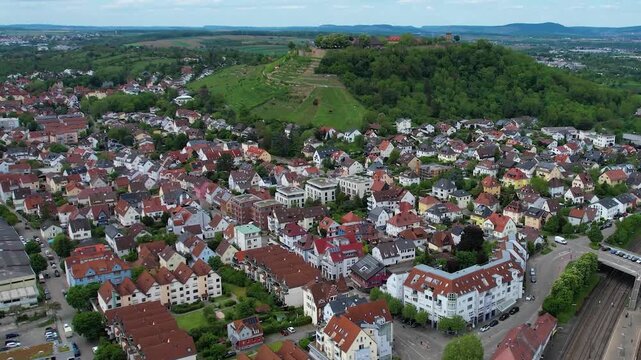 Aerial view around the old town of the city Asperg, in Germany on a sunny spring noon.