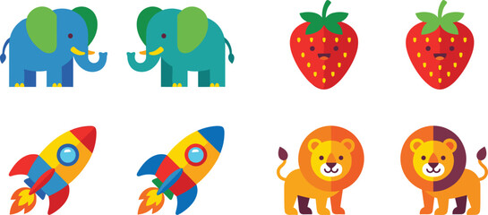 Fototapeta premium Colorful flat vector icon set featuring cute elephants, strawberries, rocket ships, and lions isolated on a white background.