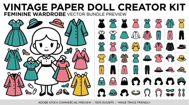 Vintage paper doll creator kit, feminine wardrobe vector bundle with retro fashion icons, cute girl character with dress up clothing set