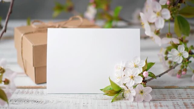 Blank white greeting card mockup with brown gift box and cherry blossom branches on white wooden table in spring