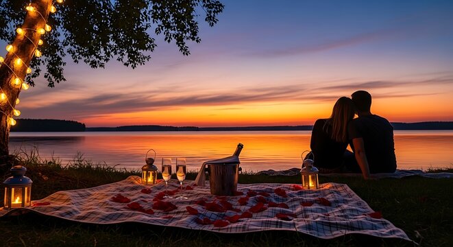 Romantic Picnic Couple watching sunset over lake with champagne and candles.