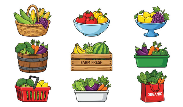 Fresh vegetables and organic fruits cartoon vector element set. Colorful harvest in wooden crates, wicker baskets, bowls, shopping baskets and grocery bags.