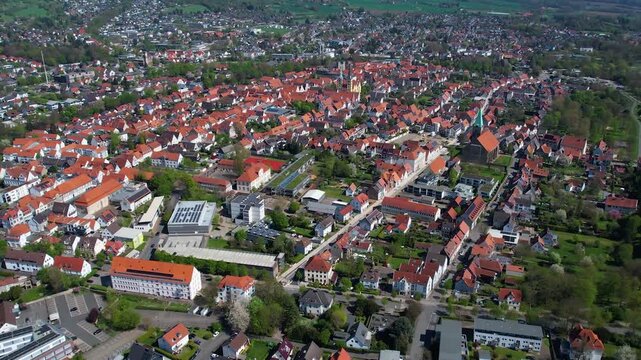 Aerial view around the old town of the city Lemgo, in Germany on a sunny spring noon.