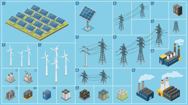 Isometric Infographic Elements for Renewable Energy and Power Generation with Solar Panels, Wind Turbines, and Power Plants.