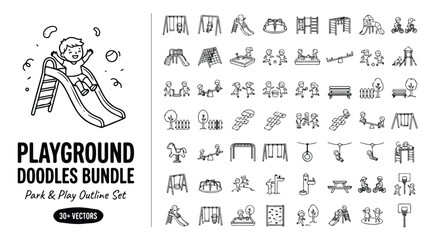 Playground doodles bundle, hand drawn park and play outline set, 30+ vectors of kids playing on slides and swings, black and white sketch icons © hum lab