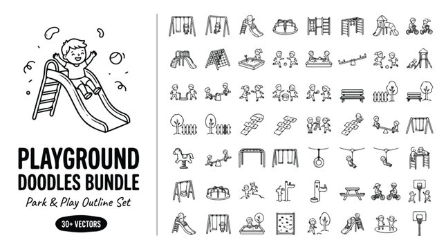 Playground doodles bundle, hand drawn park and play outline set, 30+ vectors of kids playing on slides and swings, black and white sketch icons