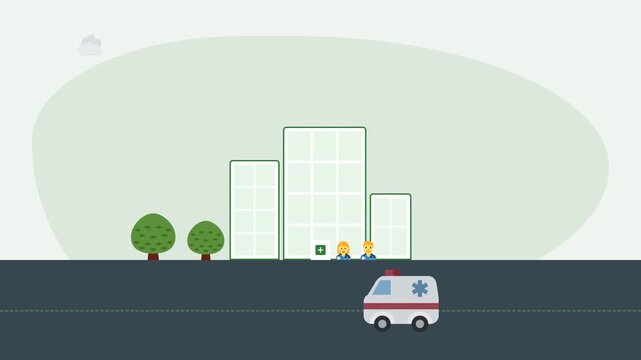 Urban healthcare emergency services An ambulance navigates a city street with modern buildings and people, symbolizing quick medical response in a metropolitan setting