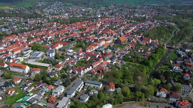 Aerial view around the old town of the city Lemgo, in Germany on a sunny spring noon.