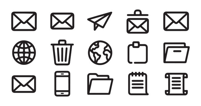 Collection of linear office icons including letters folders global globe smartphone trash bin and scroll document.