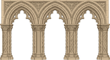 Fototapeta premium Gothic Arched Arcade Vector Element with Antique Stone Columns and Decorative Trefoil Tracery for Medieval Cathedral and Church Architectural Designs