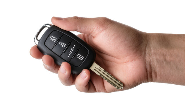 Hand holding car key fob with retractable metal key