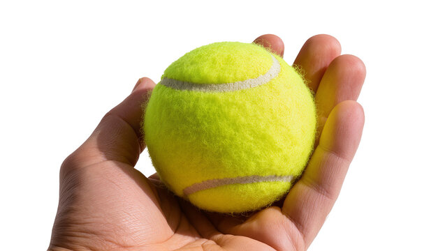 Hand holding bright yellow tennis ball with white stripes