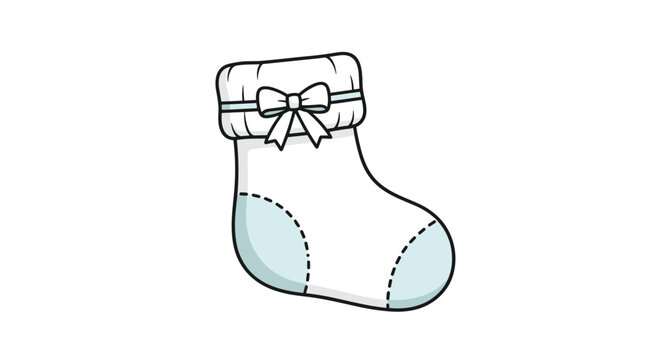 Single soft white baby sock features a delicate light blue heel and toe area with a small matching bow at the elastic top.