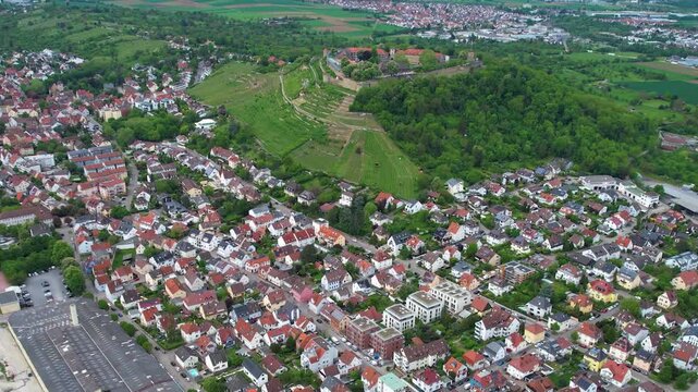 Aerial view around the old town of the city Asperg, in Germany on a sunny spring noon.