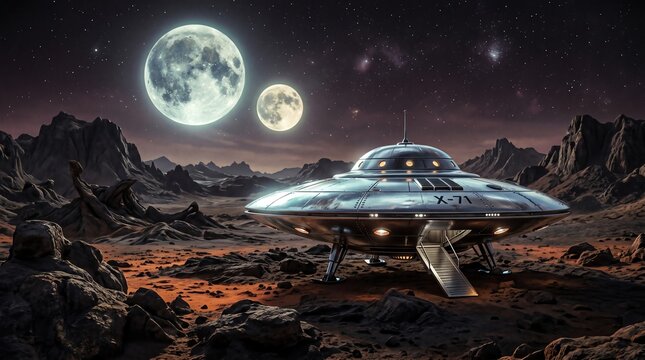 An alien spacecraft rests on a desolate planet under the glow of two moons, evoking wonder and mystery