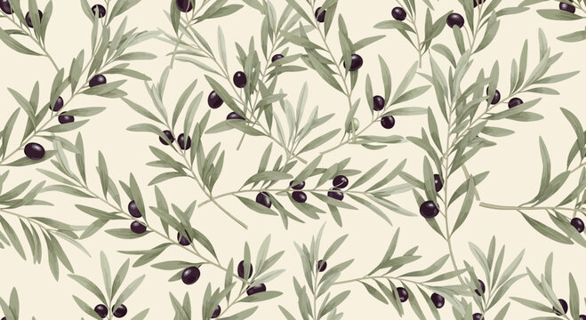 Seamless Olive Branch Pattern: Watercolor Botanical Illustration with Black Olives