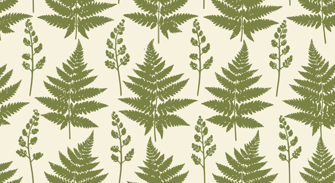 Seamless Pattern of Green Fern Leaves and Seedlings on a Cream Background