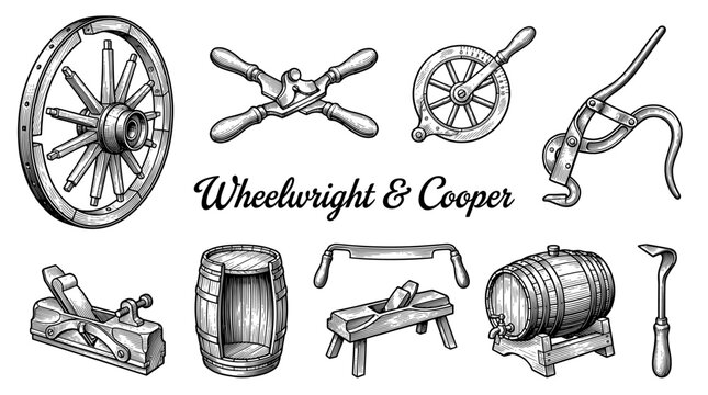 Vintage Woodworking Tools Collection for Wheelwright and Cooper Craftsmen, Hand Drawn Engraved Illustration of Wagon Wheels, Barrels, and Antique Hand Tools