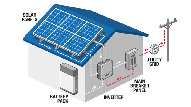 Diagram illustrating a home solar panel system with battery storage and connection to the utility grid.
