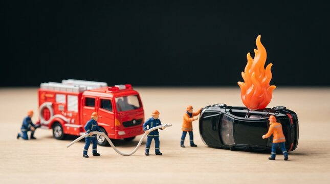 Miniature firefighters in action, realistic style, extinguishing flames from a burning car with firetruck, emergency response scene with tiny figures and toy vehicles on a plain surface