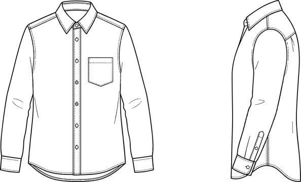 Men long sleeve classic button down dress shirt fashion flat technical sketch template front and side view outline vector illustration