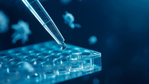 Macro shot of lab pipette and multiwell plate for biotech research